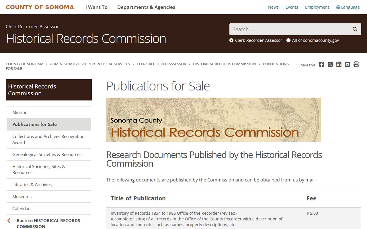 Sonoma County previous residents Historical Records Commission publications